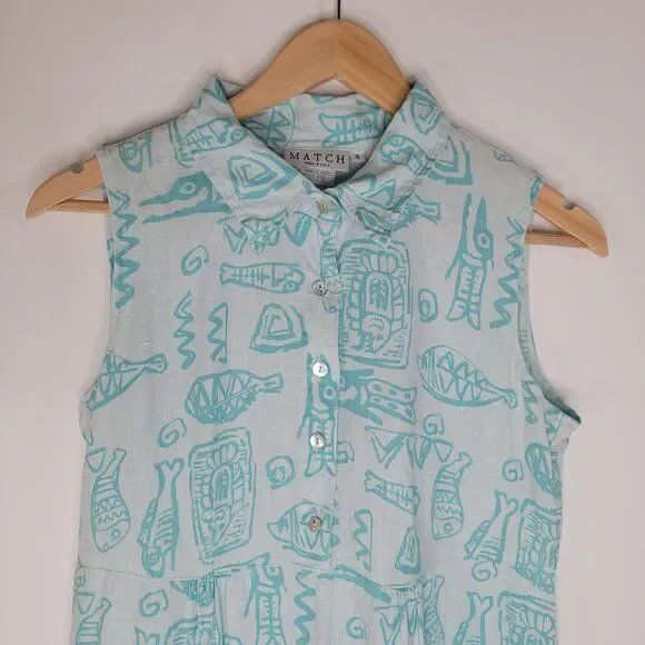 MATCH Vintage Blue Green Linen Shift Dress Size 4 Sleeveless Beach Fish Print - Picture 5 of 9